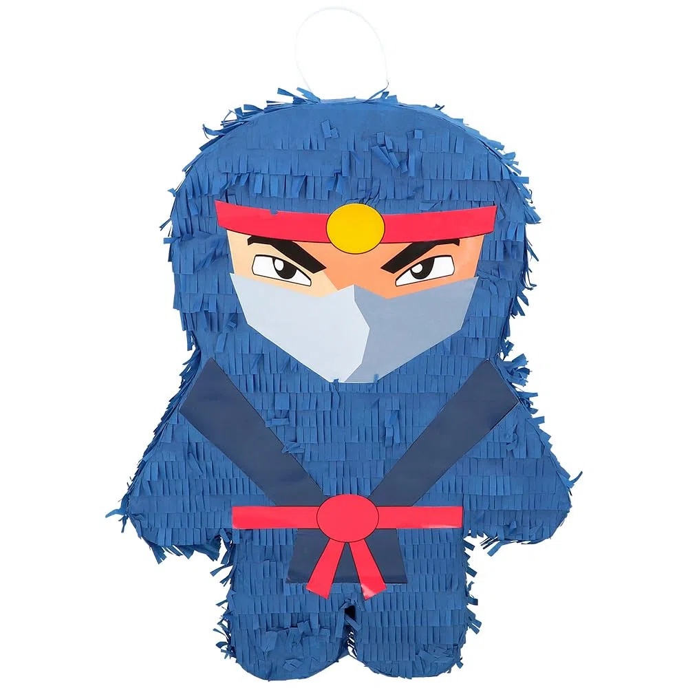 Pinata - Ninja, bâton de frappe et masque - Comme jeu et décoration pour anniversaire d'enfant et fête à thème - Dimensions : 45 x 34 x 10 cm - Compatible avec anniversaire Ninjago - Fête pour enfants