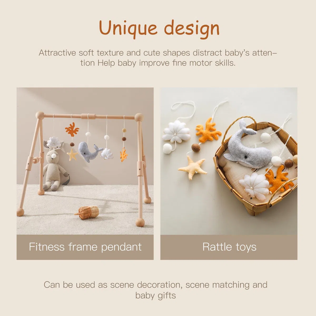 Arche de Jeu en Bois pour bébé avec Jouets détachables en Forme d'animaux Marins à Attraper,Table à Langer lit bébé Parc Arc de Jeu avec Peluche Corail Baleines Dauphins Coquillages