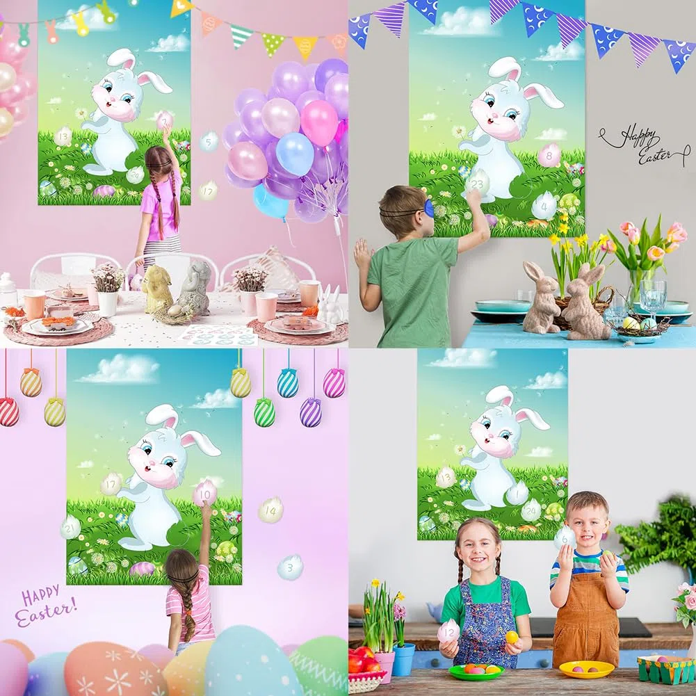 Jeu de Fête Pâques Pin The Tail on The Rabbit Party Games, 1 Grand Poster Lapin, 24 Autocollants Queue de Lapin, 2 Masque pour Les Yeux, Décoration de fête de Pâques