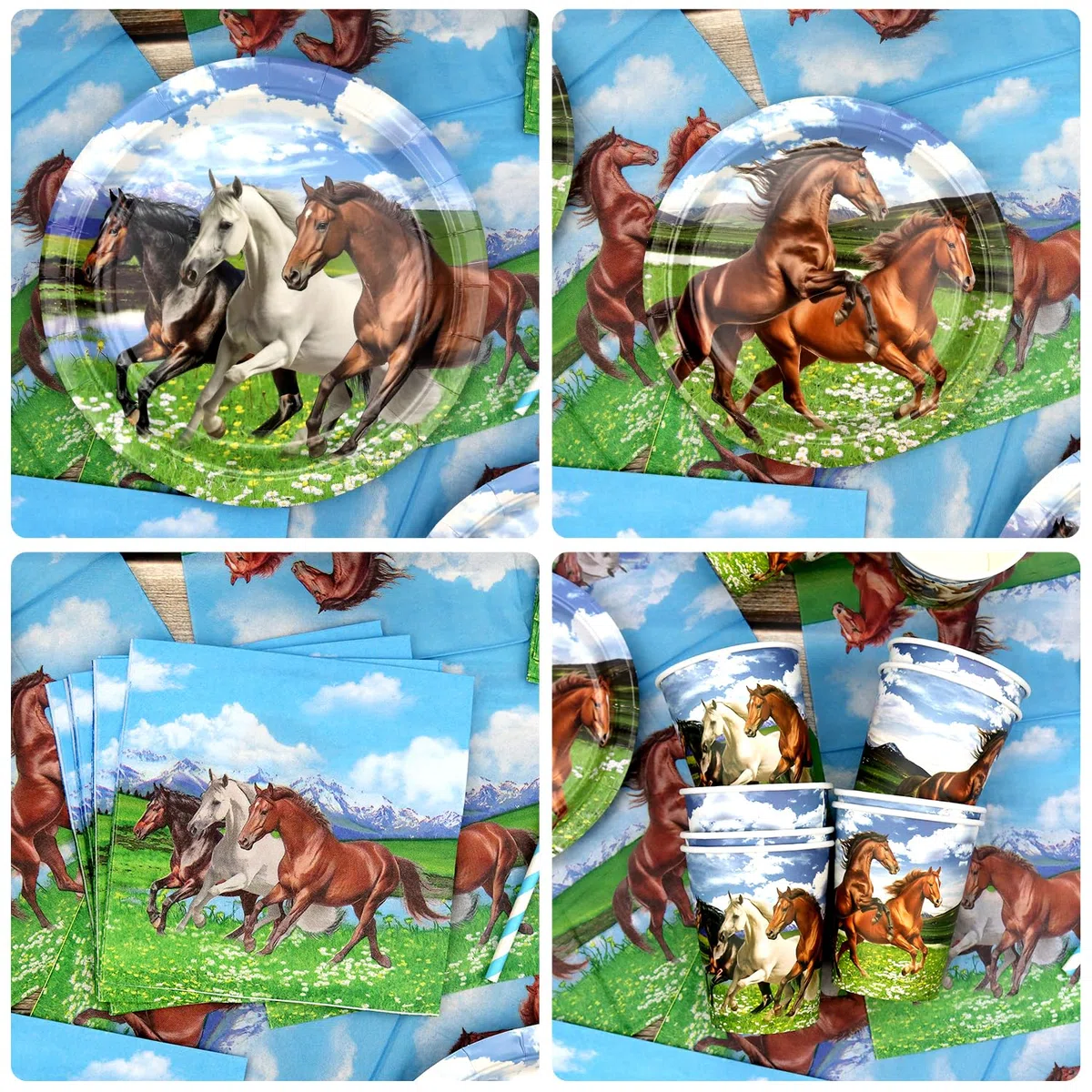 Décoration de Fête d'Anniversaire Cheval et Cowboy - Assiettes, Tasses, Serviettes, Nappe, Toile de Fond 'Happy Birthday', Ballons pour Gâteau