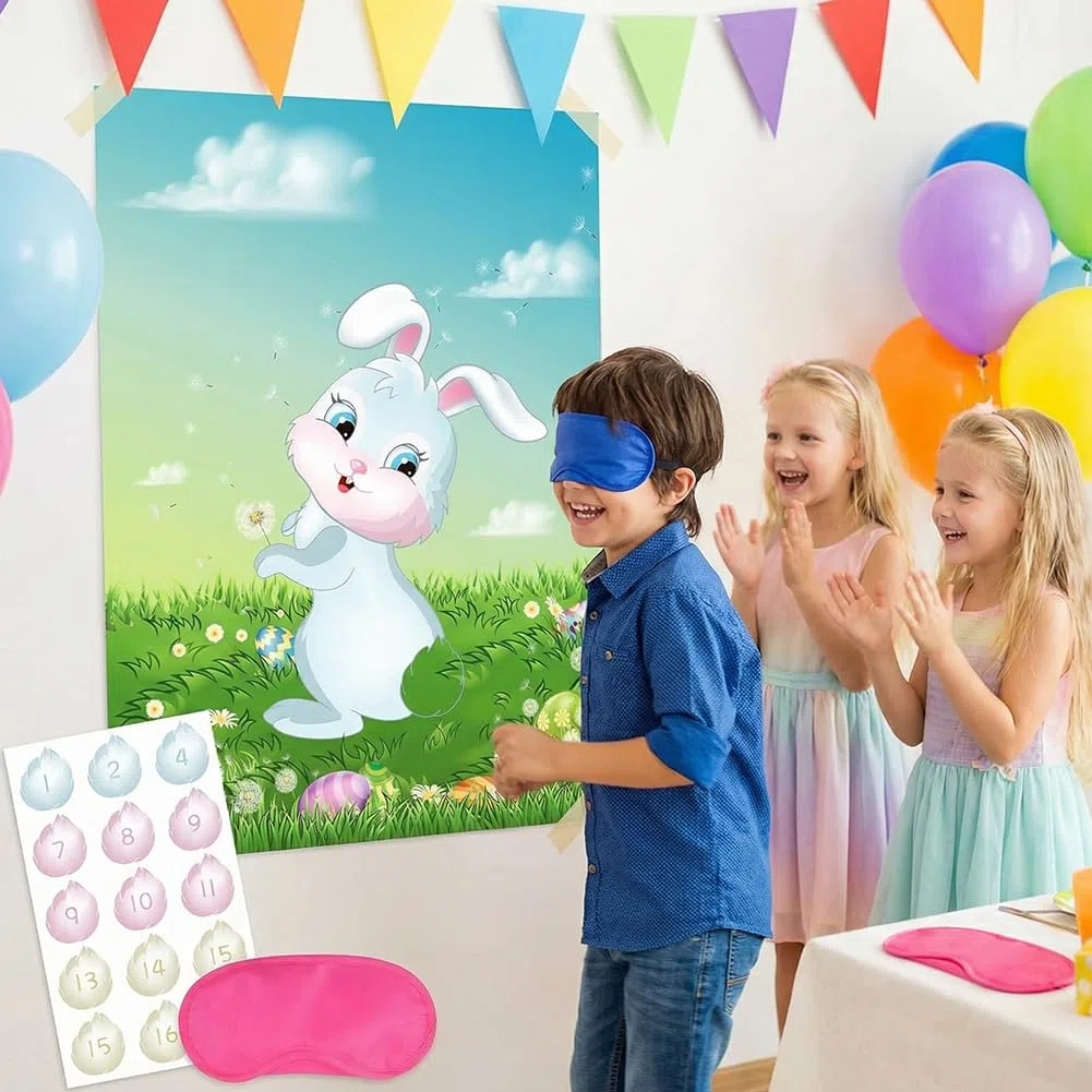 Jeu de Fête Pâques Pin The Tail on The Rabbit Party Games, 1 Grand Poster Lapin, 24 Autocollants Queue de Lapin, 2 Masque pour Les Yeux, Décoration de fête de Pâques