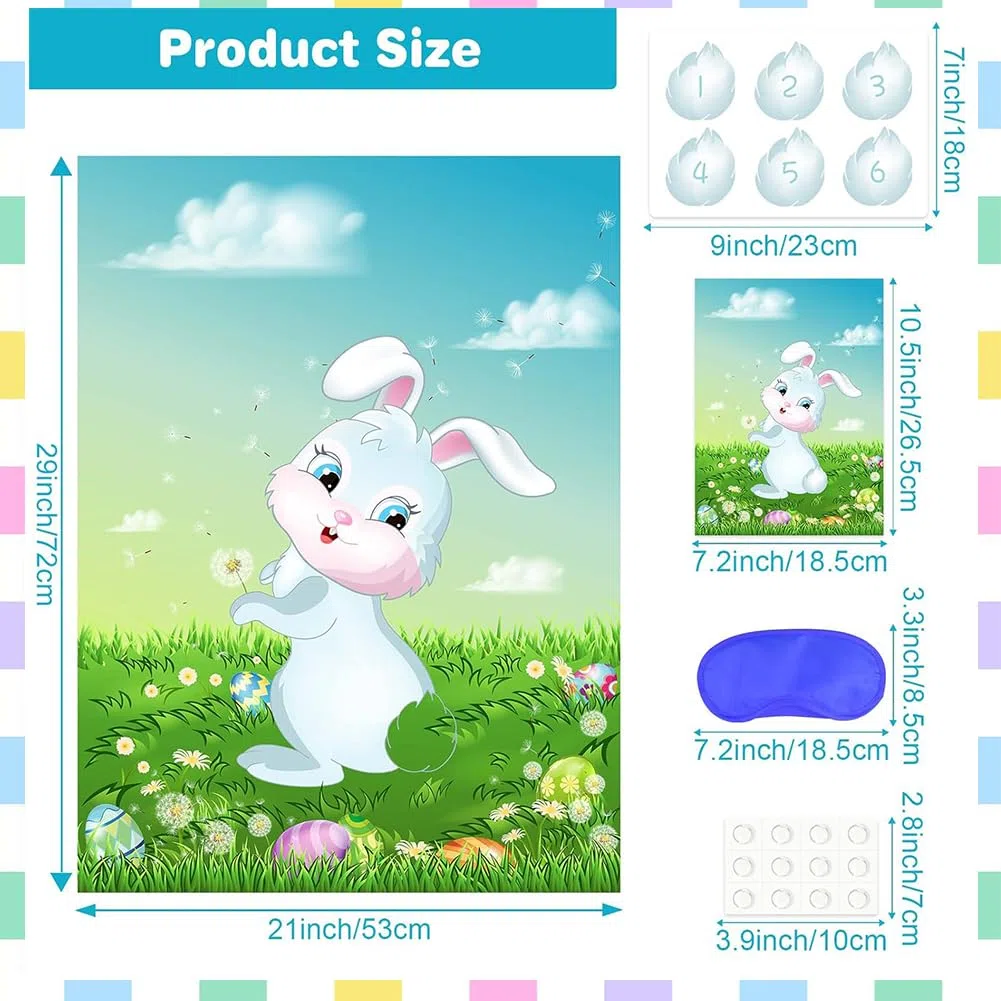 Jeu de Fête Pâques Pin The Tail on The Rabbit Party Games, 1 Grand Poster Lapin, 24 Autocollants Queue de Lapin, 2 Masque pour Les Yeux, Décoration de fête de Pâques