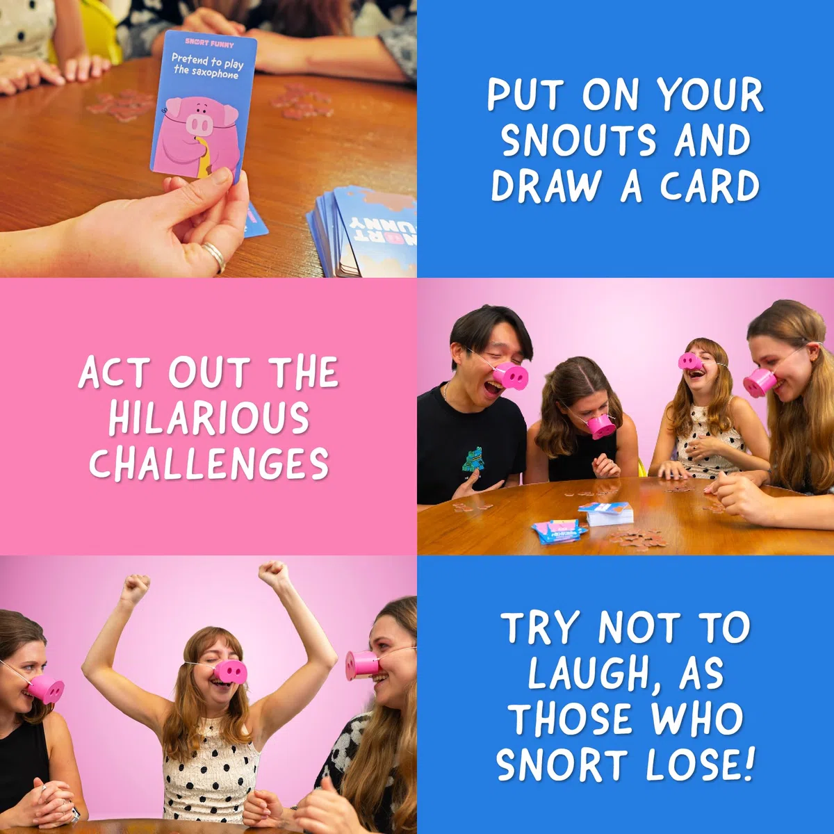Snort Funny – Jeu de fête Oinkcredible You Laugh You Lose | Jeux familiaux pour enfants et adultes | 150 cartes de défi, 5 museaux de cochon et jetons de boue | Jeux amusants pour amis et famille, 4 à