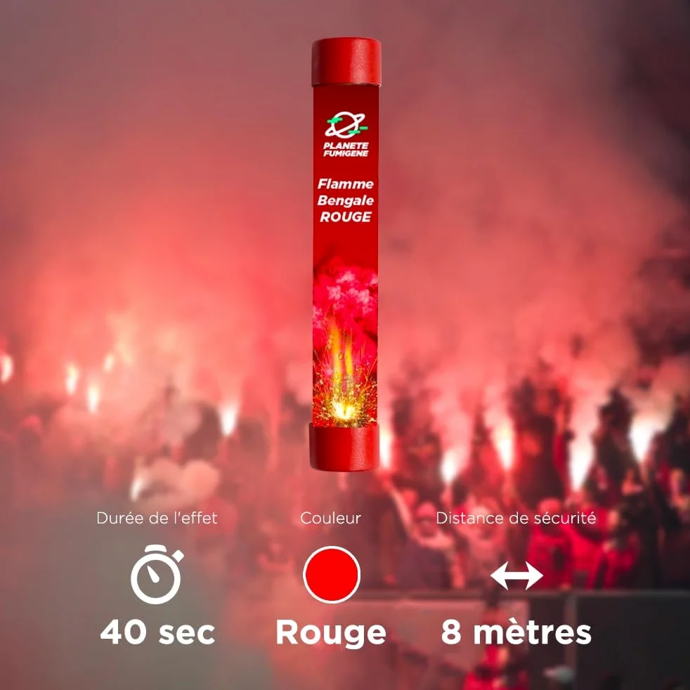 Fumigène Flamme de Bengale ROUGE VIF - Lot de 5 - Torche durée 40 secondes - Allumage à Mèche, fumigene couleur à tenir en Main - idéal pour évènements, supporter sport Catégorie F1