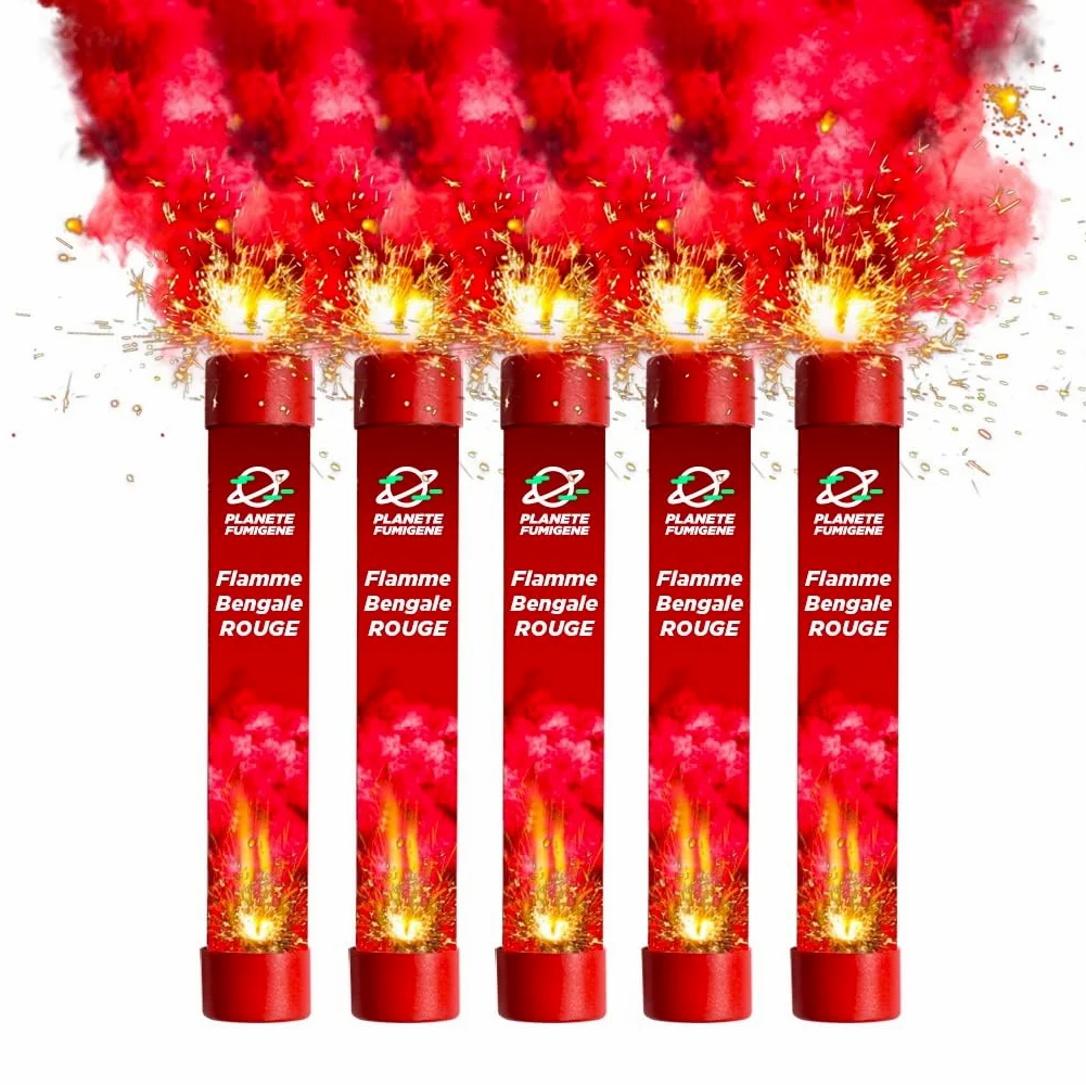 Fumigène Flamme de Bengale ROUGE VIF - Lot de 5 - Torche durée 40 secondes - Allumage à Mèche, fumigene couleur à tenir en Main - idéal pour évènements, supporter sport Catégorie F1