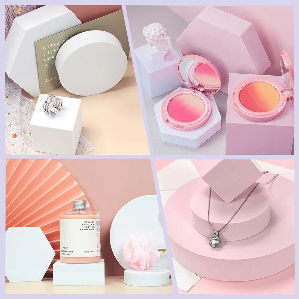 CREATCABIN 8ensemble D'Accessoires Photo Forme Cube Géométrique 8styles Socles D'Affichage Mousse Dure Accessoires Photo Carrés Hexagonaux Ronds Fond Photographie pour Produits Bijoux Cosmétiques Rose