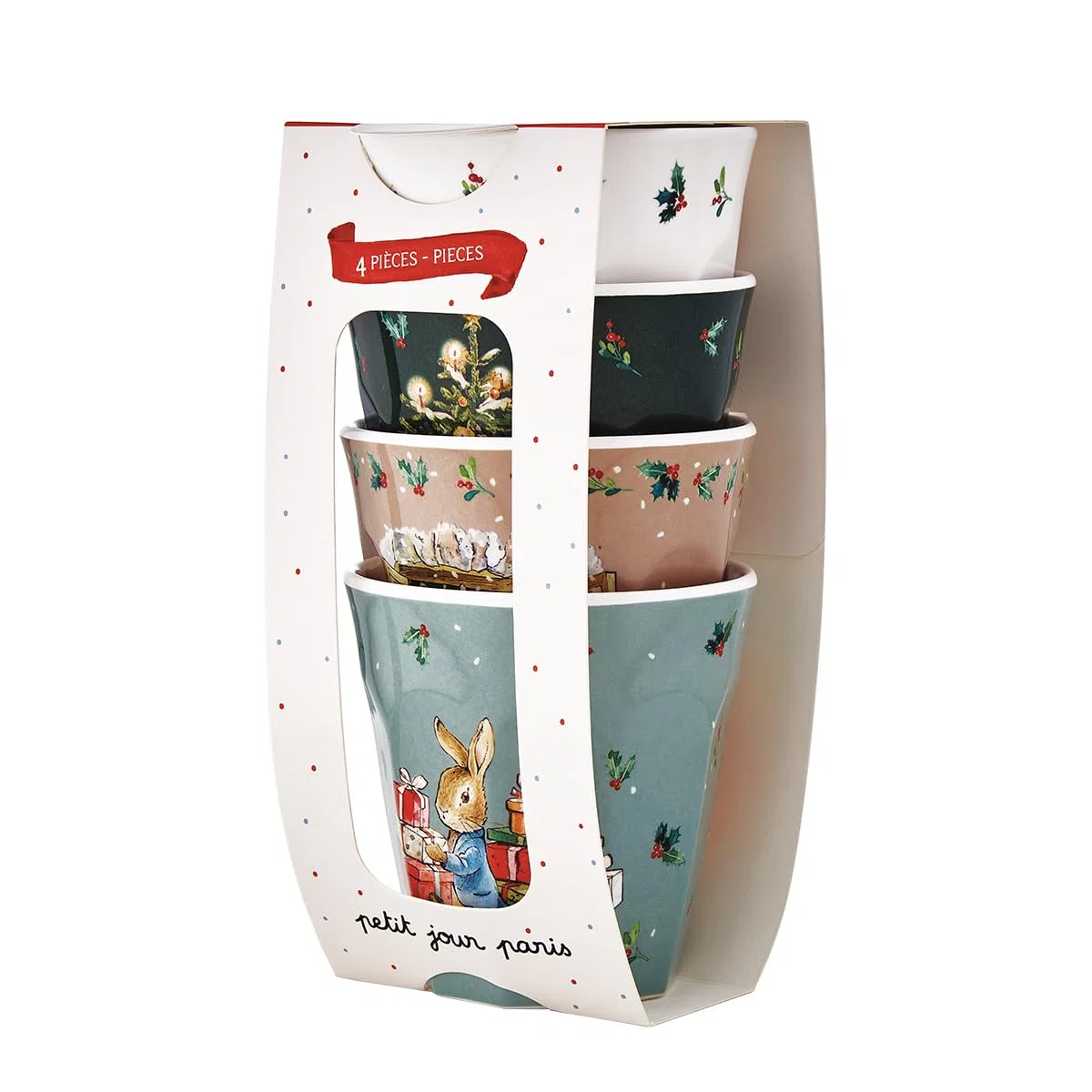 Petit Jour, Gobelets en Mélamine, Set de 4, 220ml, Multicolore, Facettes Décoratives, Pierre Lapin Noël, Pour Boissons Chaudes et Froides, Fêtes de Fin d'Année