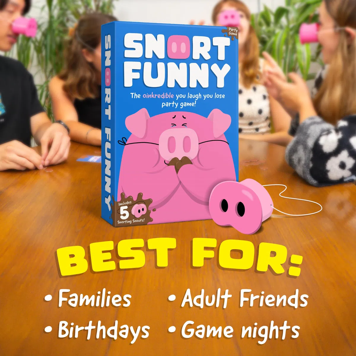 Snort Funny – Jeu de fête Oinkcredible You Laugh You Lose | Jeux familiaux pour enfants et adultes | 150 cartes de défi, 5 museaux de cochon et jetons de boue | Jeux amusants pour amis et famille, 4 à