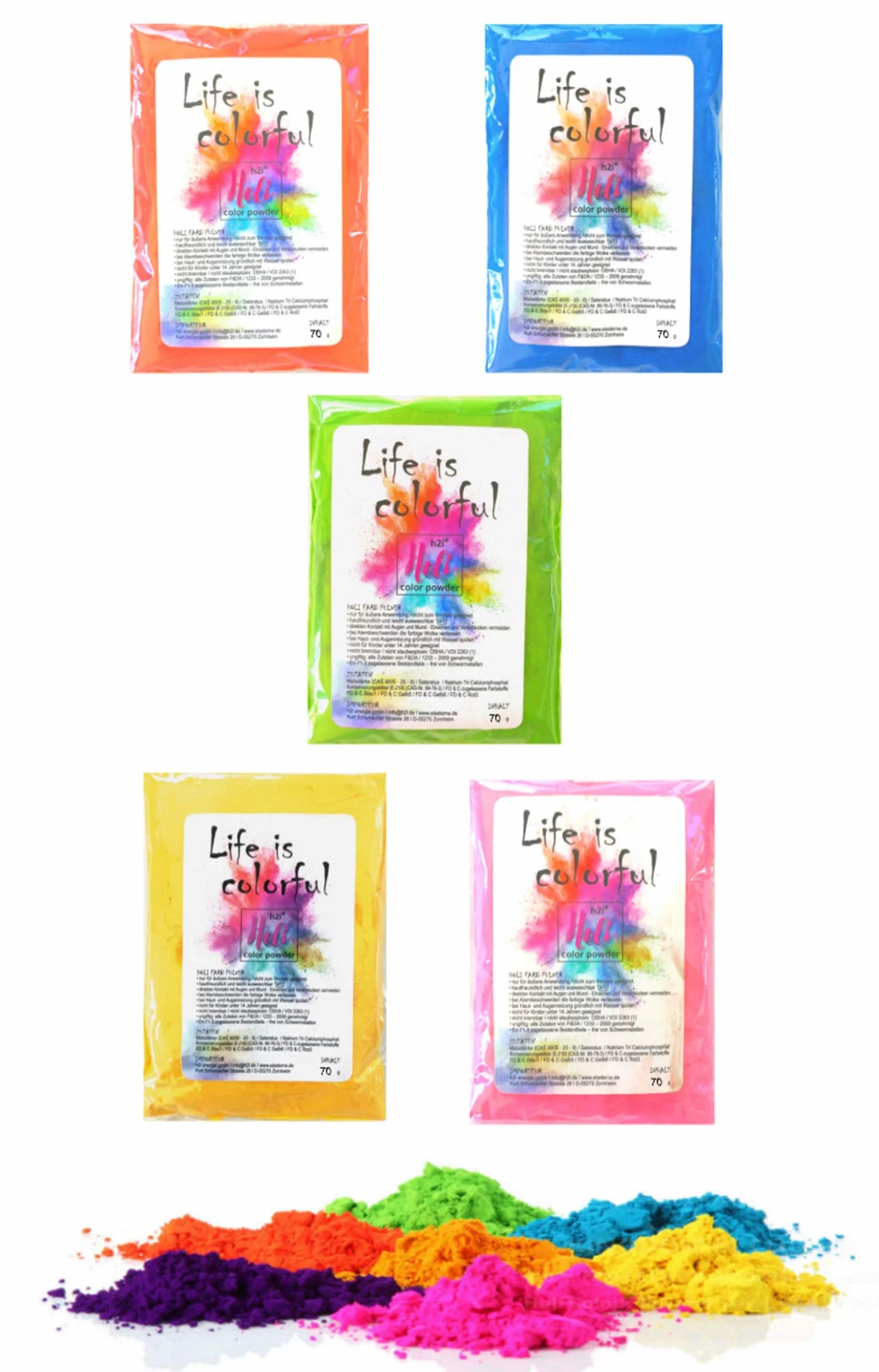 H2i - Lot de 5 canons Holi-Powder en 5 couleurs mélangées - Bombe de couleur - Pour fête amusante - 60 g par pièce