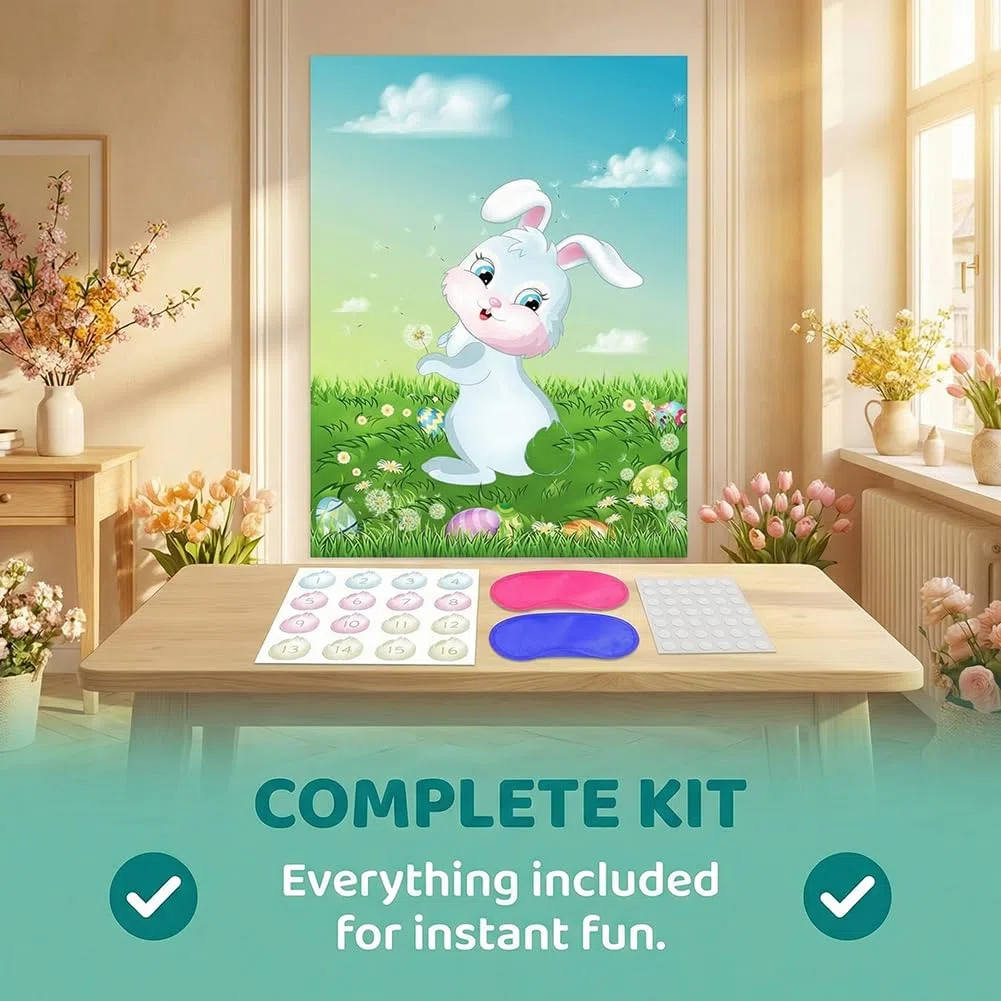Jeu de Fête Pâques Pin The Tail on The Rabbit Party Games, 1 Grand Poster Lapin, 24 Autocollants Queue de Lapin, 2 Masque pour Les Yeux, Décoration de fête de Pâques