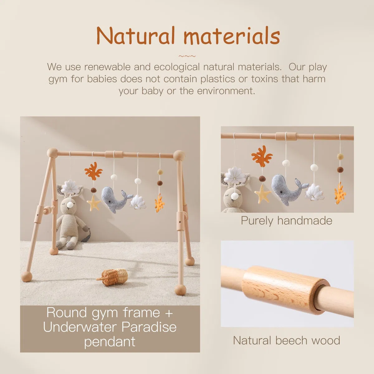 Arche de Jeu en Bois pour bébé avec Jouets détachables en Forme d'animaux Marins à Attraper,Table à Langer lit bébé Parc Arc de Jeu avec Peluche Corail Baleines Dauphins Coquillages