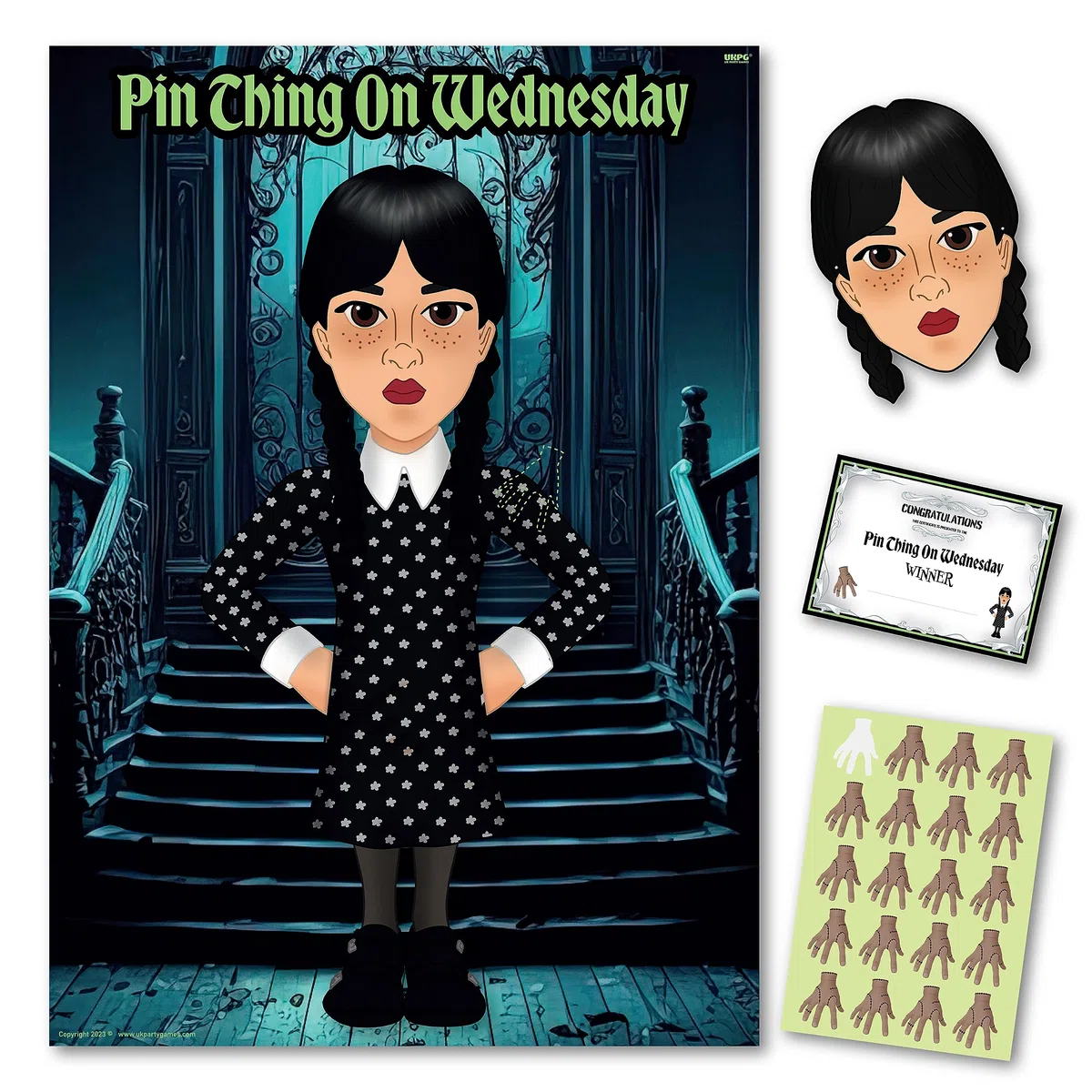 UKPG Jeu de fête d'Halloween – PIN THING ON WEDNESDAY | 20 joueurs | Certificat de gagnant et affiche pour fête d'Halloween, décoration d'Halloween, fête d'anniversaire Addams, jeux d'Halloween