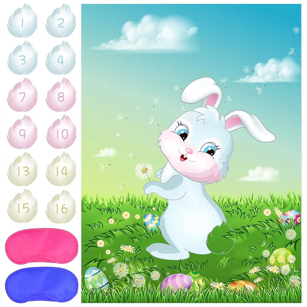 Jeu de Fête Pâques Pin The Tail on The Rabbit Party Games, 1 Grand Poster Lapin, 24 Autocollants Queue de Lapin, 2 Masque pour Les Yeux, Décoration de fête de Pâques