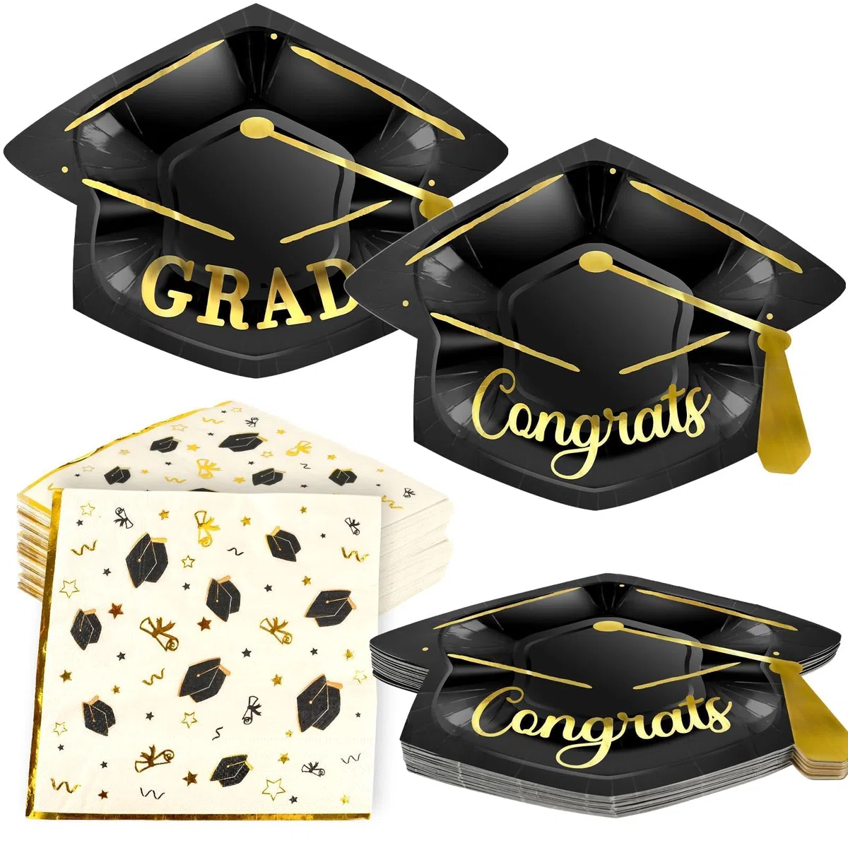 OuMuaMua Ensemble de vaisselle de fête de remise de diplôme, 100 assiettes et serviettes en papier en forme de bonnet pour la classe de 2025, félicitations, remise de diplôme, pour 50
