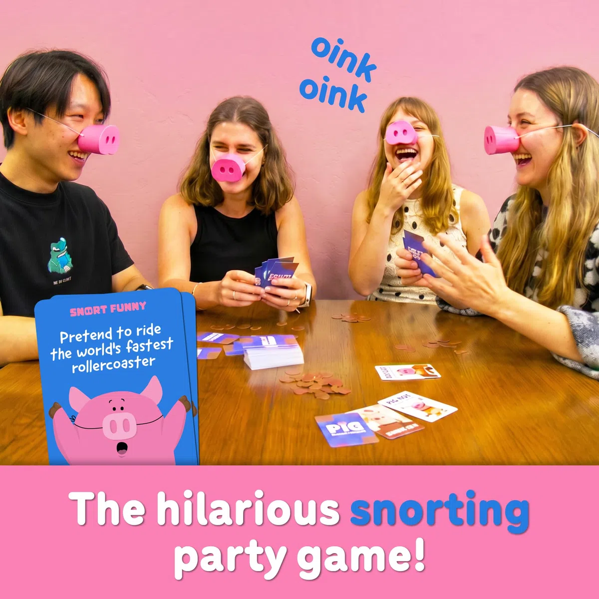 Snort Funny – Jeu de fête Oinkcredible You Laugh You Lose | Jeux familiaux pour enfants et adultes | 150 cartes de défi, 5 museaux de cochon et jetons de boue | Jeux amusants pour amis et famille, 4 à