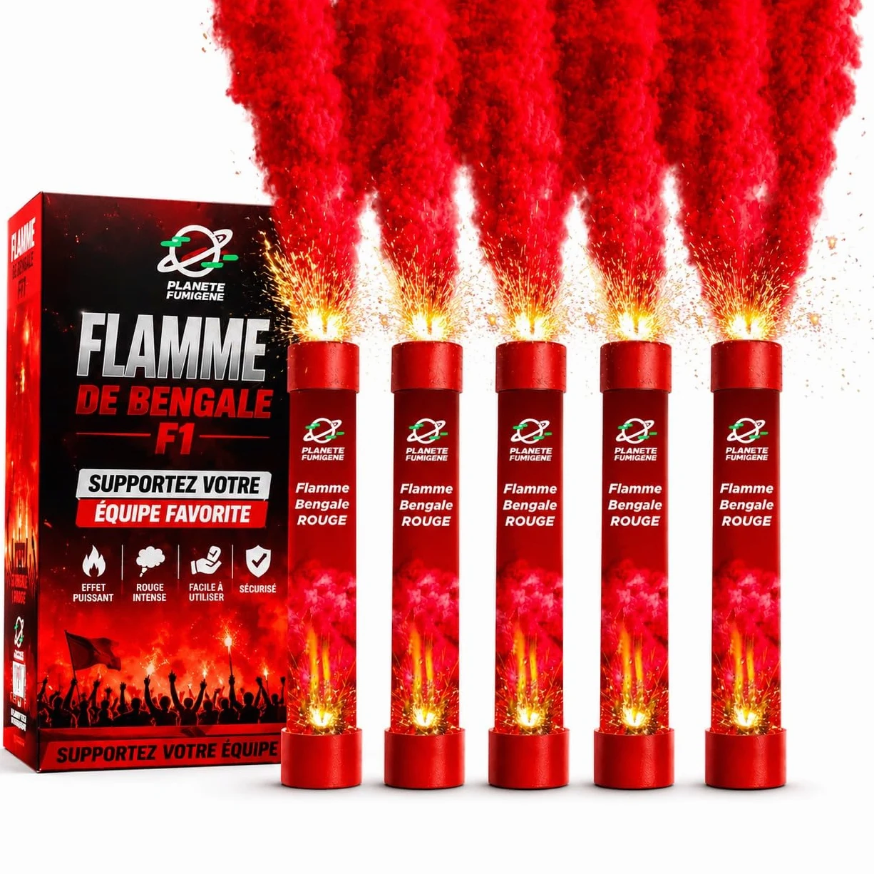 Fumigène Flamme de Bengale ROUGE VIF - Lot de 5 - Torche durée 40 secondes - Allumage à Mèche, fumigene couleur à tenir en Main - idéal pour évènements, supporter sport Catégorie F1