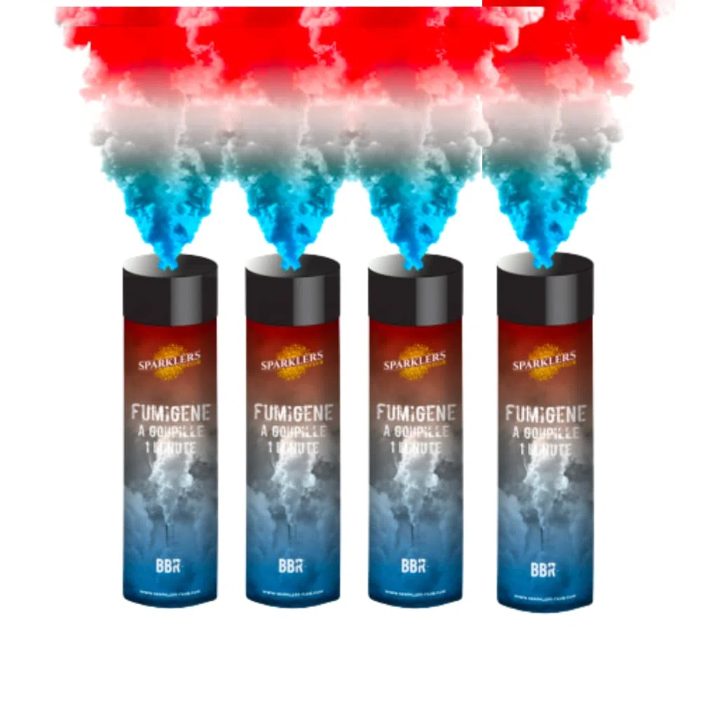 Lot de 4 Fumigènes a Main 1 MINUTE BLEU/BLANC/ROUGE - Déclenchement à Goupille, durée 60 secondes, fumigene FRANCE ALLEZ LES BLEUS - fumigene a main SPARKLERS CLUB®