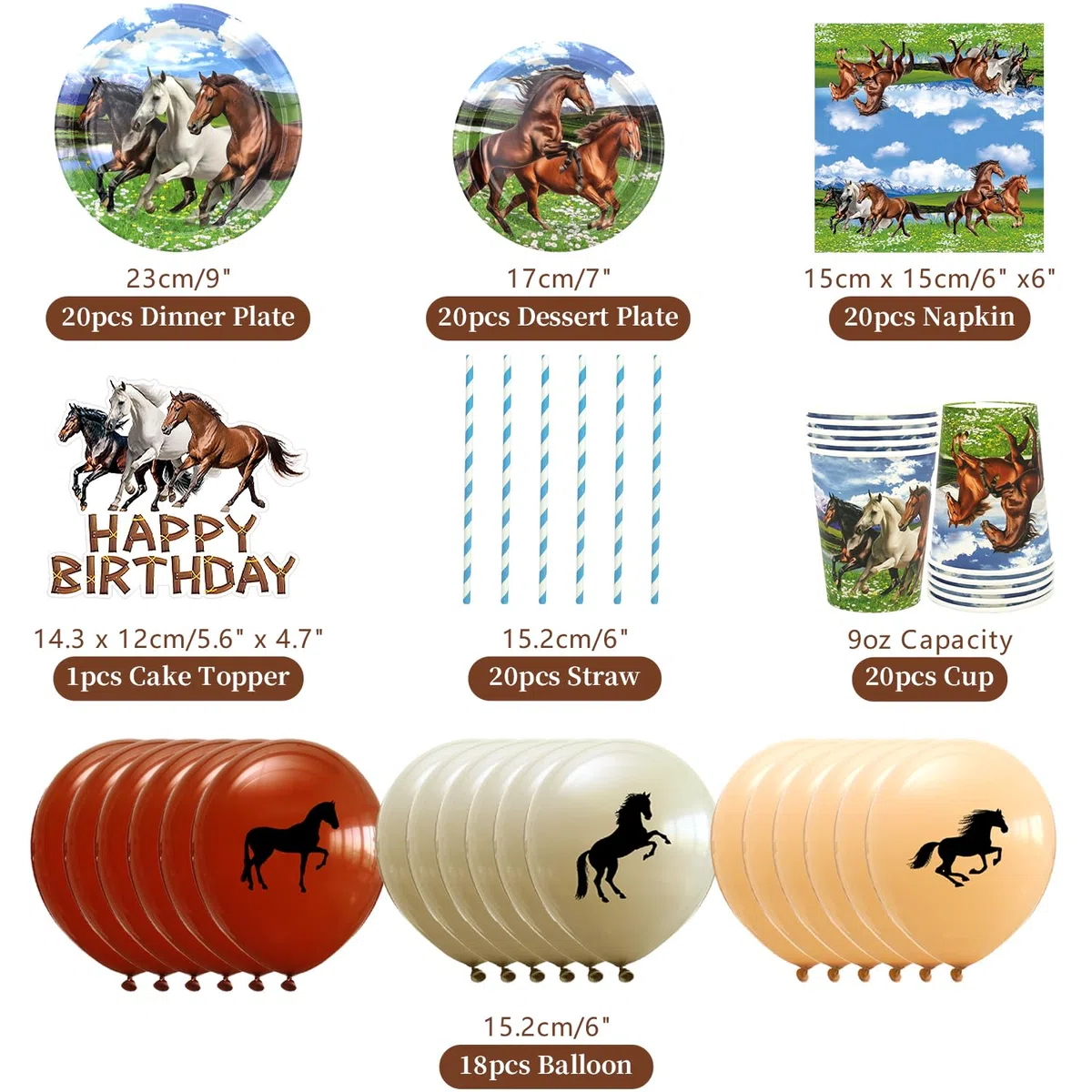 Décoration de Fête d'Anniversaire Cheval et Cowboy - Assiettes, Tasses, Serviettes, Nappe, Toile de Fond 'Happy Birthday', Ballons pour Gâteau