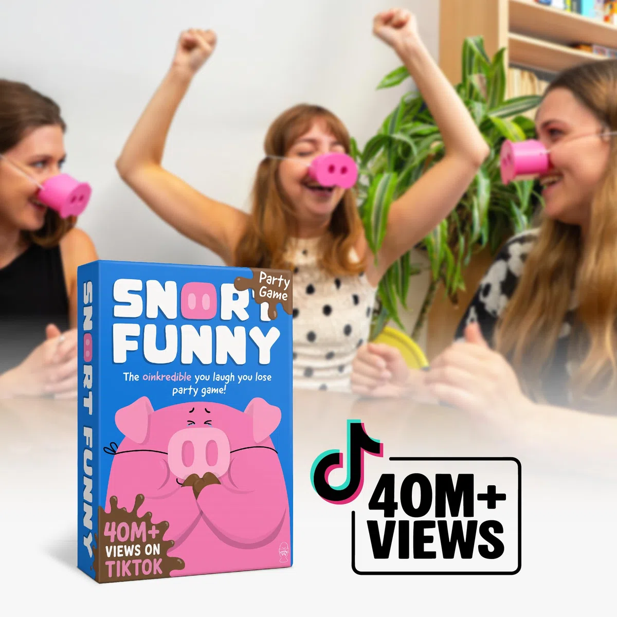 Snort Funny – Jeu de fête Oinkcredible You Laugh You Lose | Jeux familiaux pour enfants et adultes | 150 cartes de défi, 5 museaux de cochon et jetons de boue | Jeux amusants pour amis et famille, 4 à