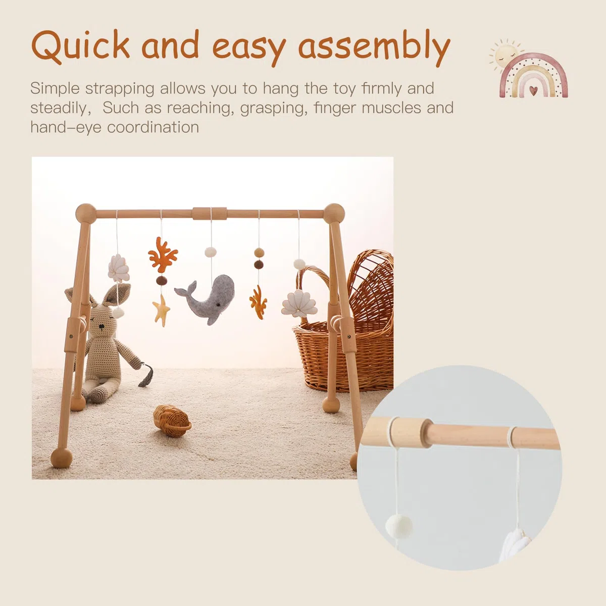 Arche de Jeu en Bois pour bébé avec Jouets détachables en Forme d'animaux Marins à Attraper,Table à Langer lit bébé Parc Arc de Jeu avec Peluche Corail Baleines Dauphins Coquillages