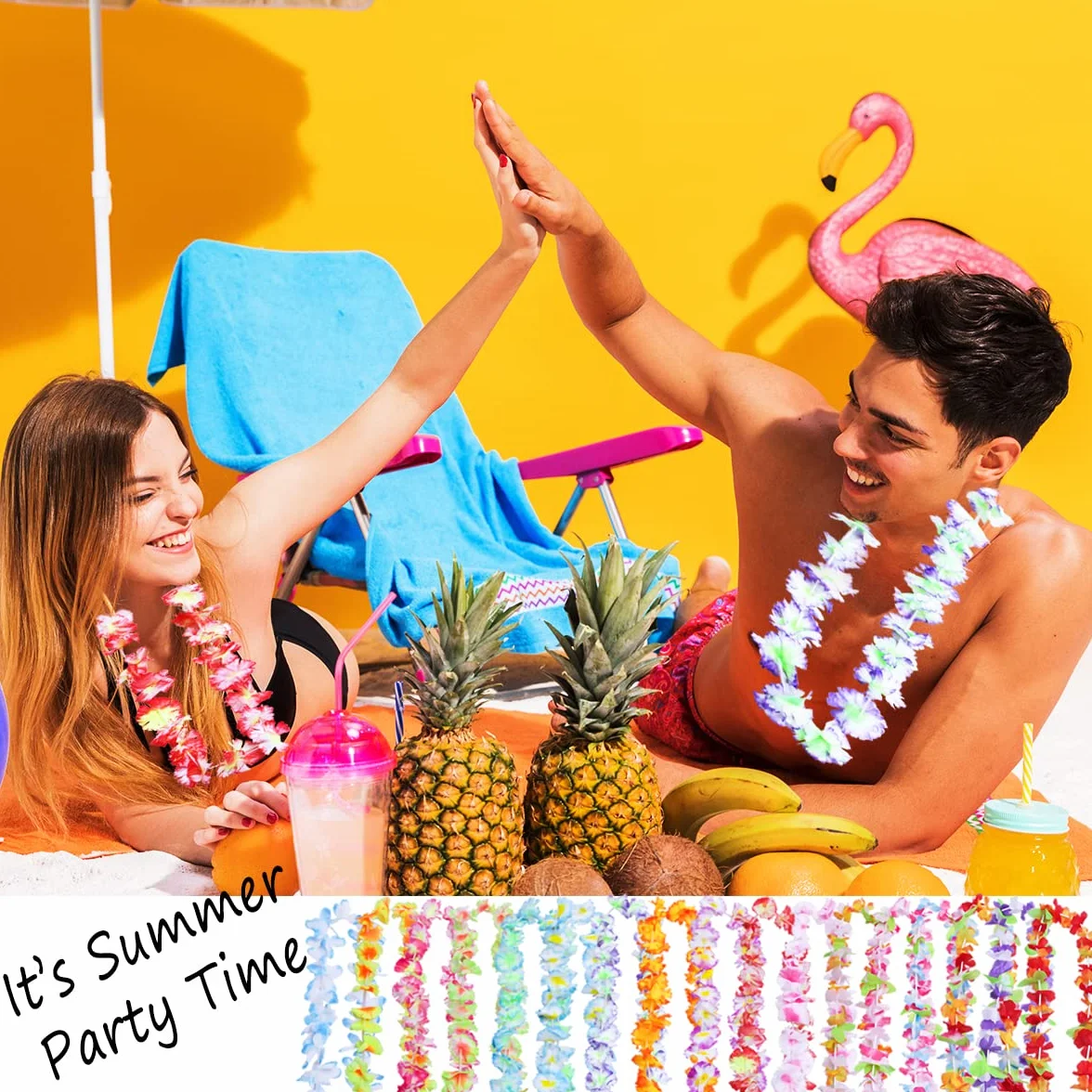 Lot de 100 décorations de fête hawaïennes, 50 styles de collier hawaïen en vrac pour fête hawaïenne tropicale à thème plage, bar de nuit, Luau, Aloha, vacances à la plage