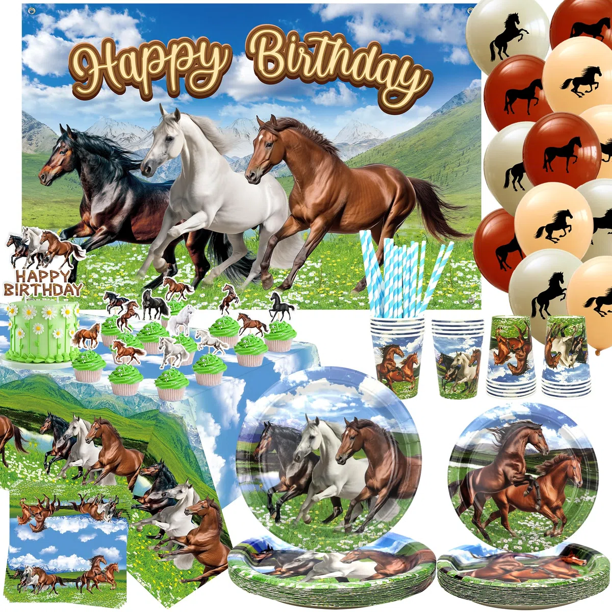 Décoration de Fête d'Anniversaire Cheval et Cowboy - Assiettes, Tasses, Serviettes, Nappe, Toile de Fond 'Happy Birthday', Ballons pour Gâteau