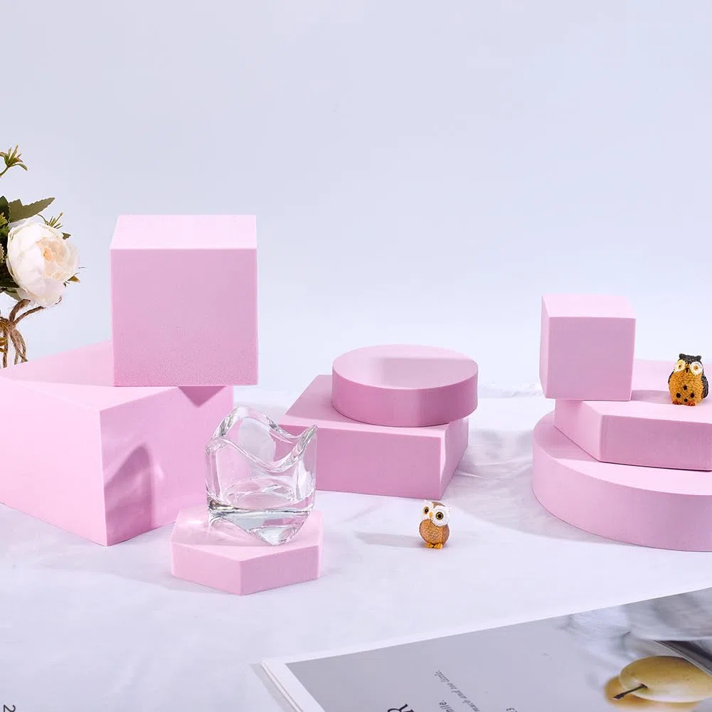 CREATCABIN 8ensemble D'Accessoires Photo Forme Cube Géométrique 8styles Socles D'Affichage Mousse Dure Accessoires Photo Carrés Hexagonaux Ronds Fond Photographie pour Produits Bijoux Cosmétiques Rose