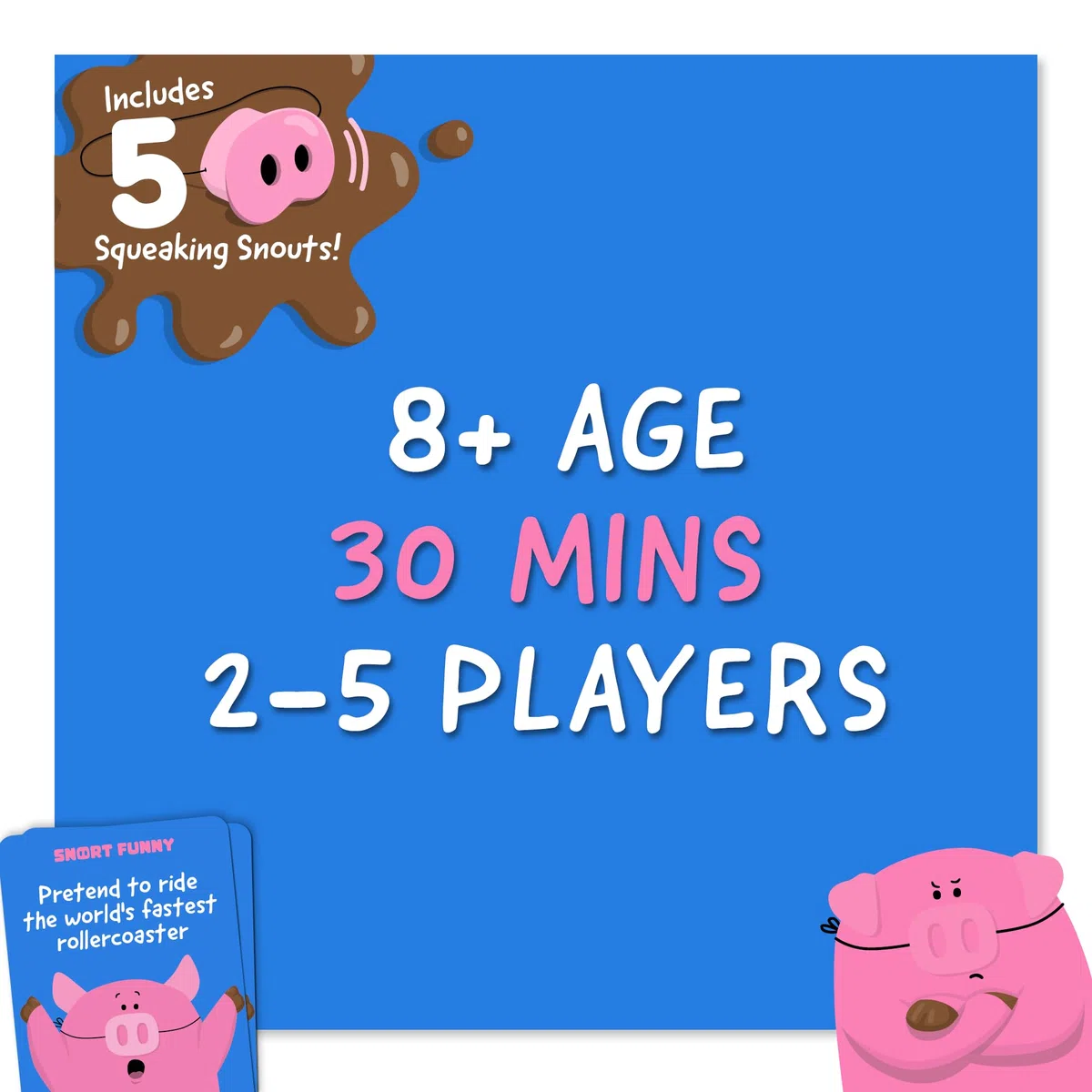 Snort Funny – Jeu de fête Oinkcredible You Laugh You Lose | Jeux familiaux pour enfants et adultes | 150 cartes de défi, 5 museaux de cochon et jetons de boue | Jeux amusants pour amis et famille, 4 à