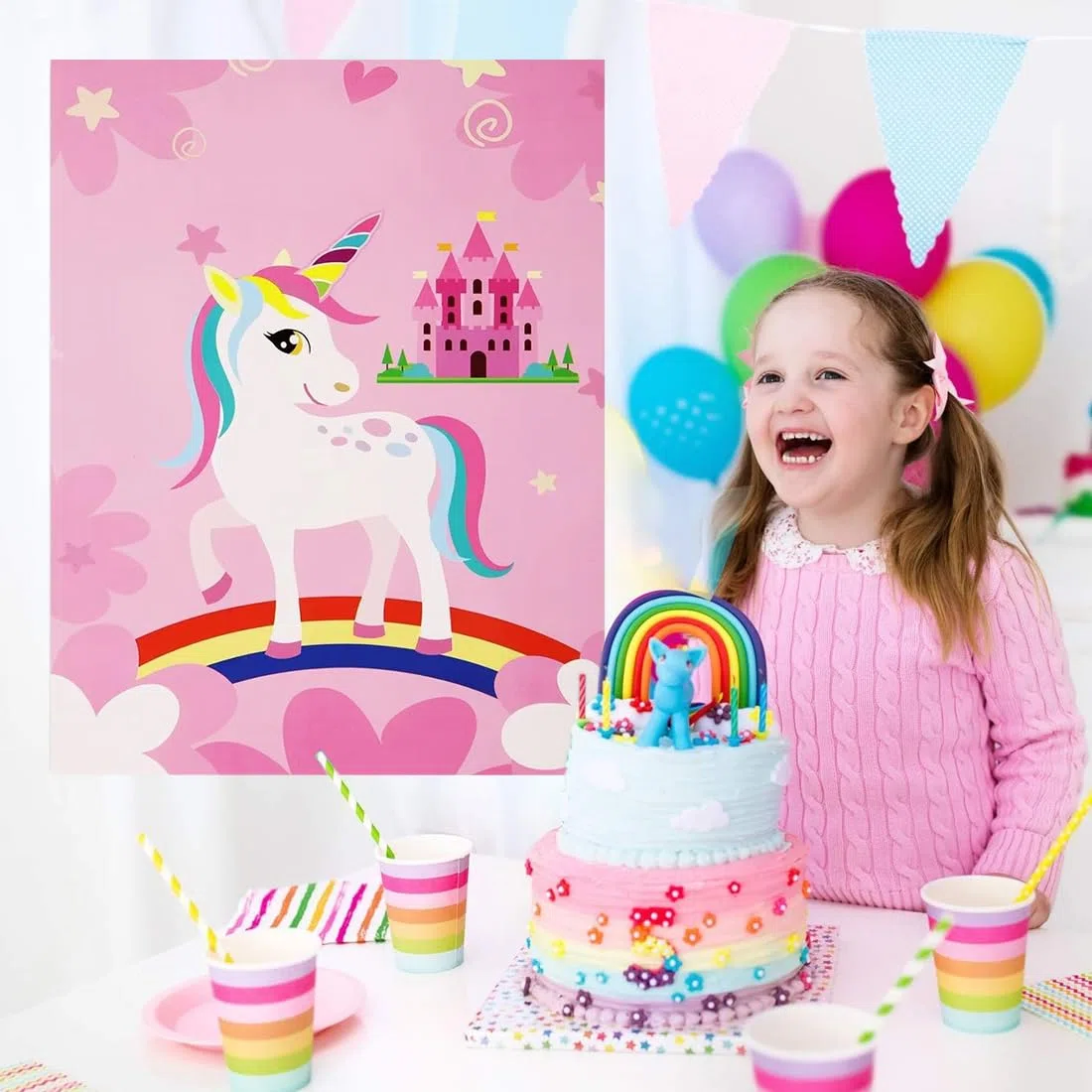 Jeu de Fête Licorne Anniversaire avec Une Affiche 12 Cornes 1 Masque pour Les Yeux de fête de Licorne Décorations de fête d'anniversaire pour Enfants
