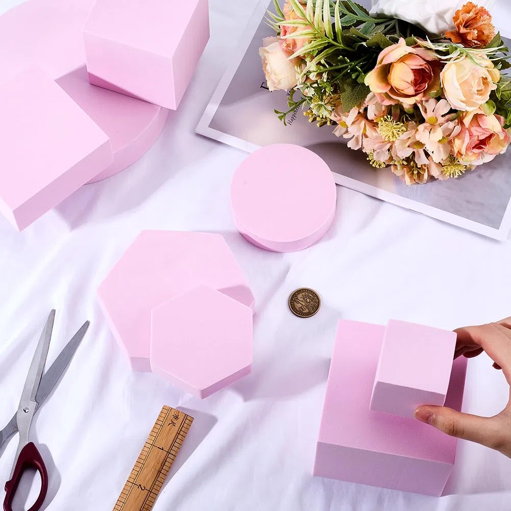 CREATCABIN 8ensemble D'Accessoires Photo Forme Cube Géométrique 8styles Socles D'Affichage Mousse Dure Accessoires Photo Carrés Hexagonaux Ronds Fond Photographie pour Produits Bijoux Cosmétiques Rose