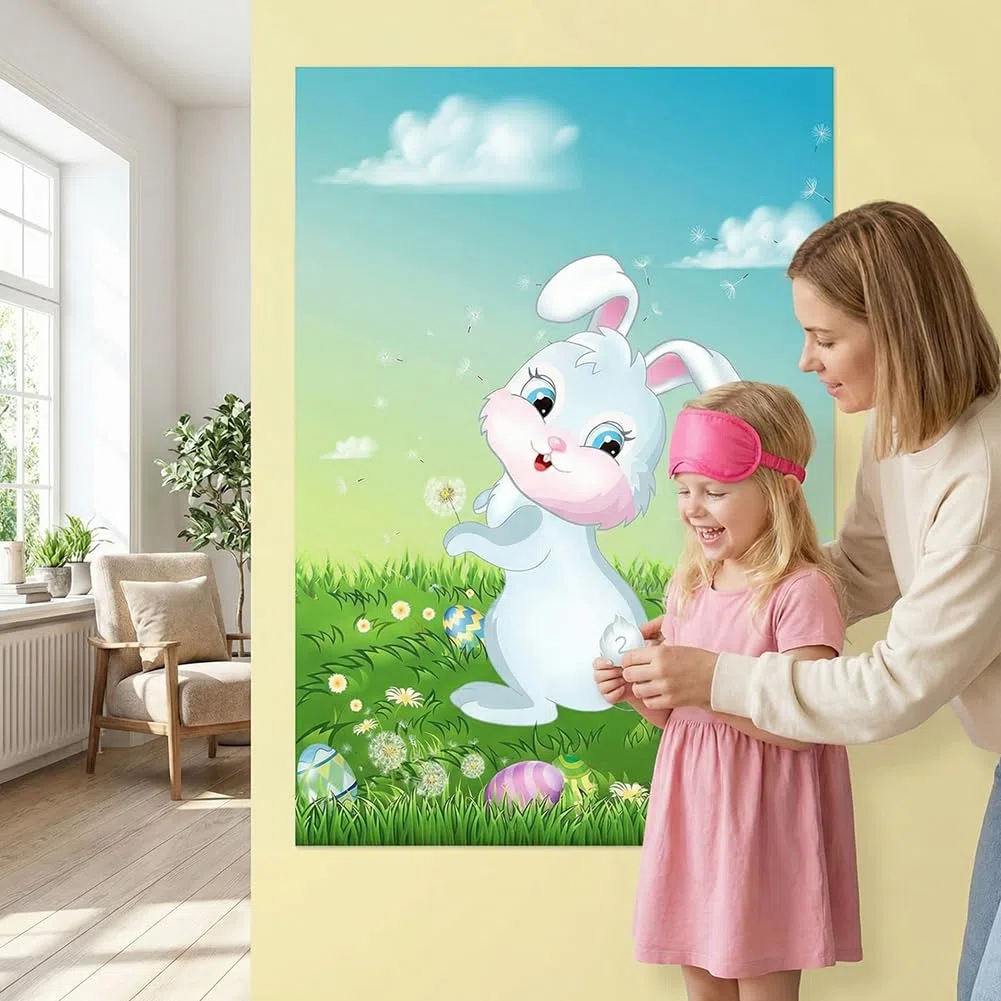 Jeu de Fête Pâques Pin The Tail on The Rabbit Party Games, 1 Grand Poster Lapin, 24 Autocollants Queue de Lapin, 2 Masque pour Les Yeux, Décoration de fête de Pâques