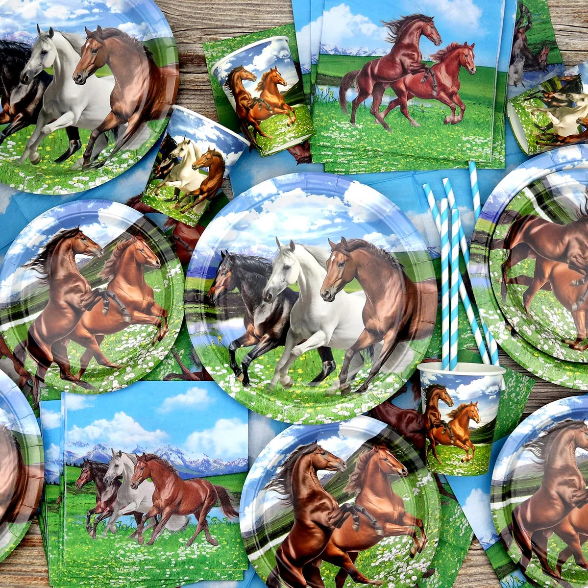 Décoration de Fête d'Anniversaire Cheval et Cowboy - Assiettes, Tasses, Serviettes, Nappe, Toile de Fond 'Happy Birthday', Ballons pour Gâteau